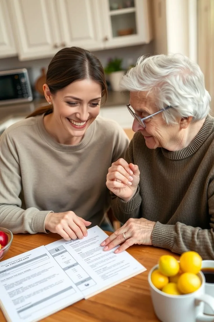 A young woman and an elderly woman smiling and looking at paperwork on a kitchen table with a bowl of lemons and a bowl of apples nearby.