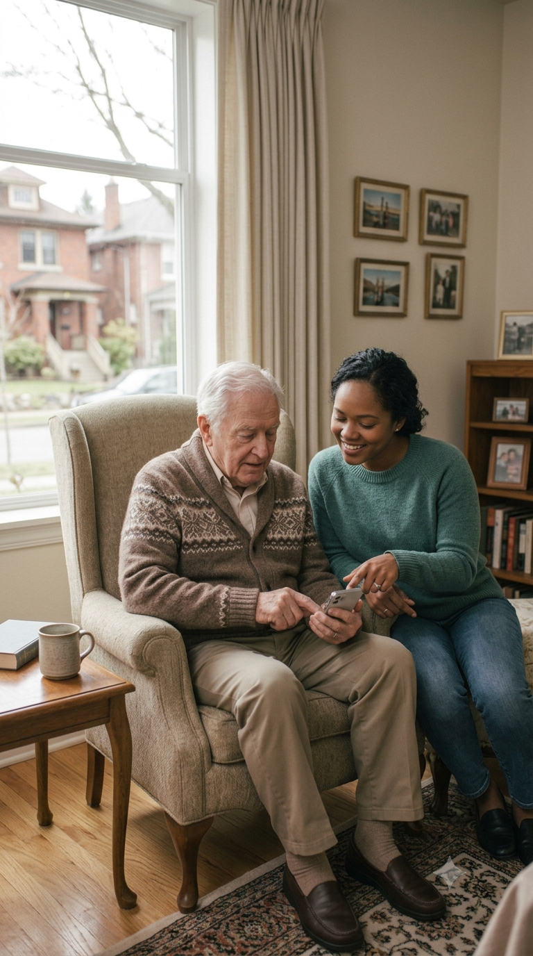 An elderly man and a young woman sitting together on a beige armchair, looking at a smartphone and smiling in a cozy living room with framed pictures on the wall behind them.