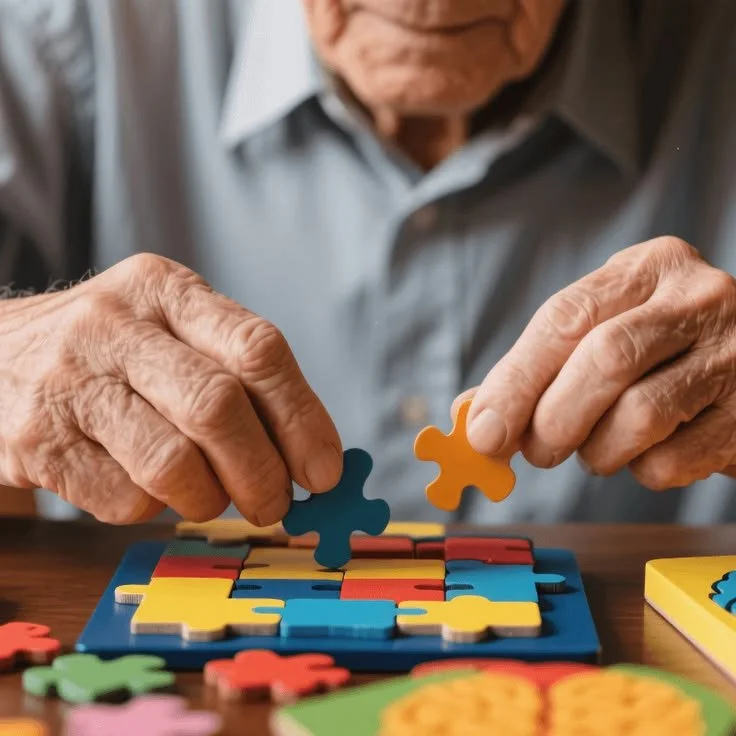 Close-up of elderly person assembling a colorful jigsaw puzzle with puzzle pieces.