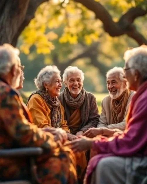 A group of elderly friends sitting outdoors, holding hands, and smiling at each other in a park with trees and sunlight in the background.