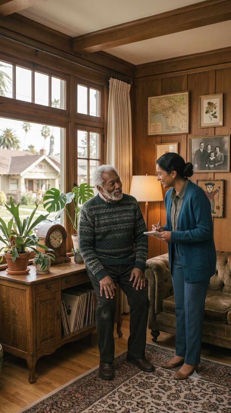 An elderly man with gray hair and beard talking to a woman with dark hair tied in a bun who is holding a notepad and pen. They are in a cozy living room with wooden walls, a large window with cream curtains, houseplants, framed pictures, and a vintage clock on a wooden sideboard.