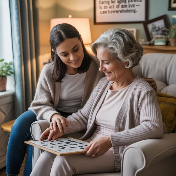 A young woman and an elderly woman are sitting together in a cozy living room, smiling as they look at a black and white photo album or scrapbook.