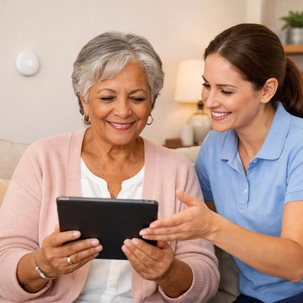 An elderly woman and a young caregiver looking at a tablet together at home.