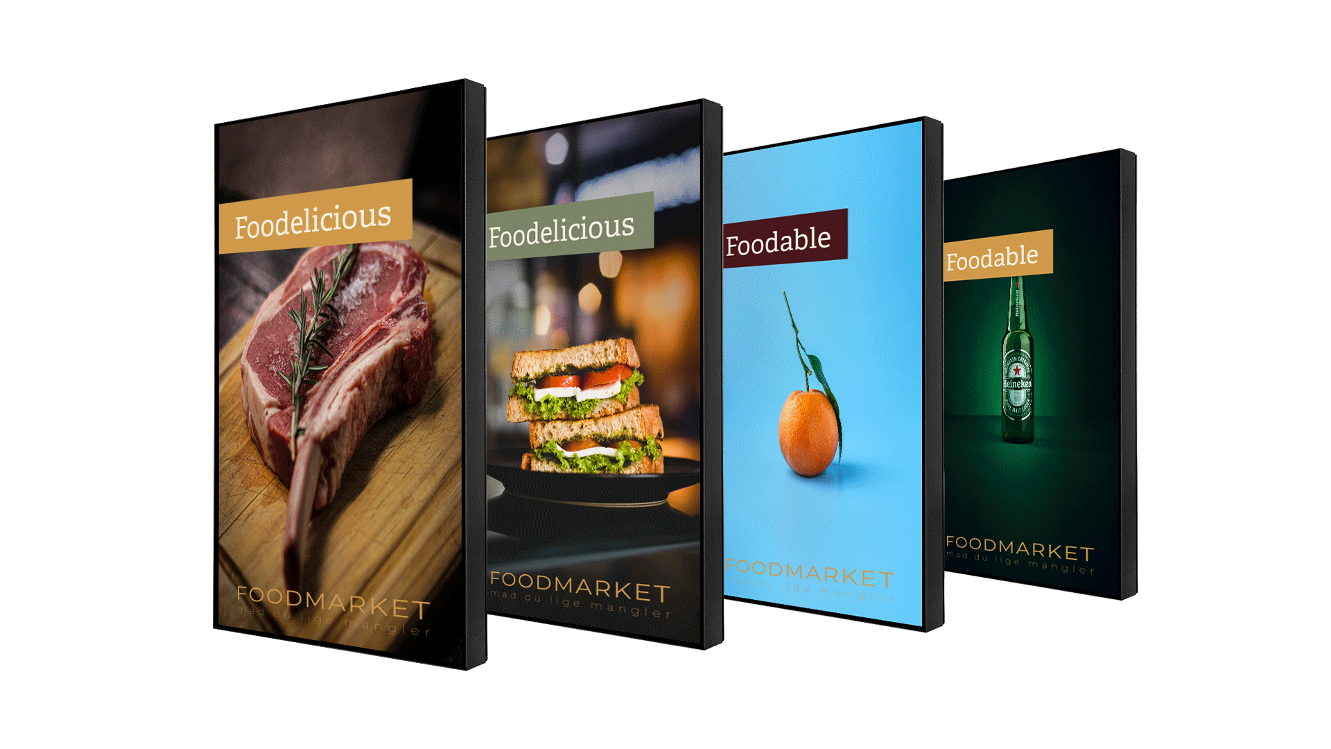 Billede af fire forskellige displays med reklamer for Foodmarket.