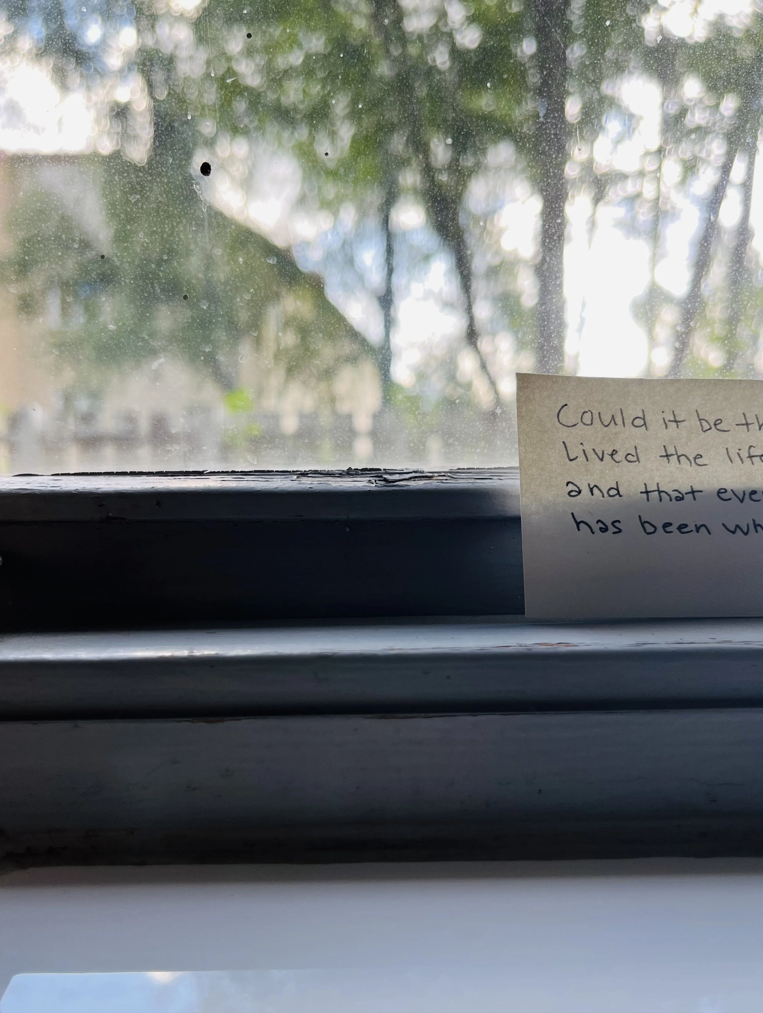 A view through a window with several black spots and a note attached to the window on the lower right side. The note contains handwritten text that says, 'Could it be that I lived the life and that even has been wh...'