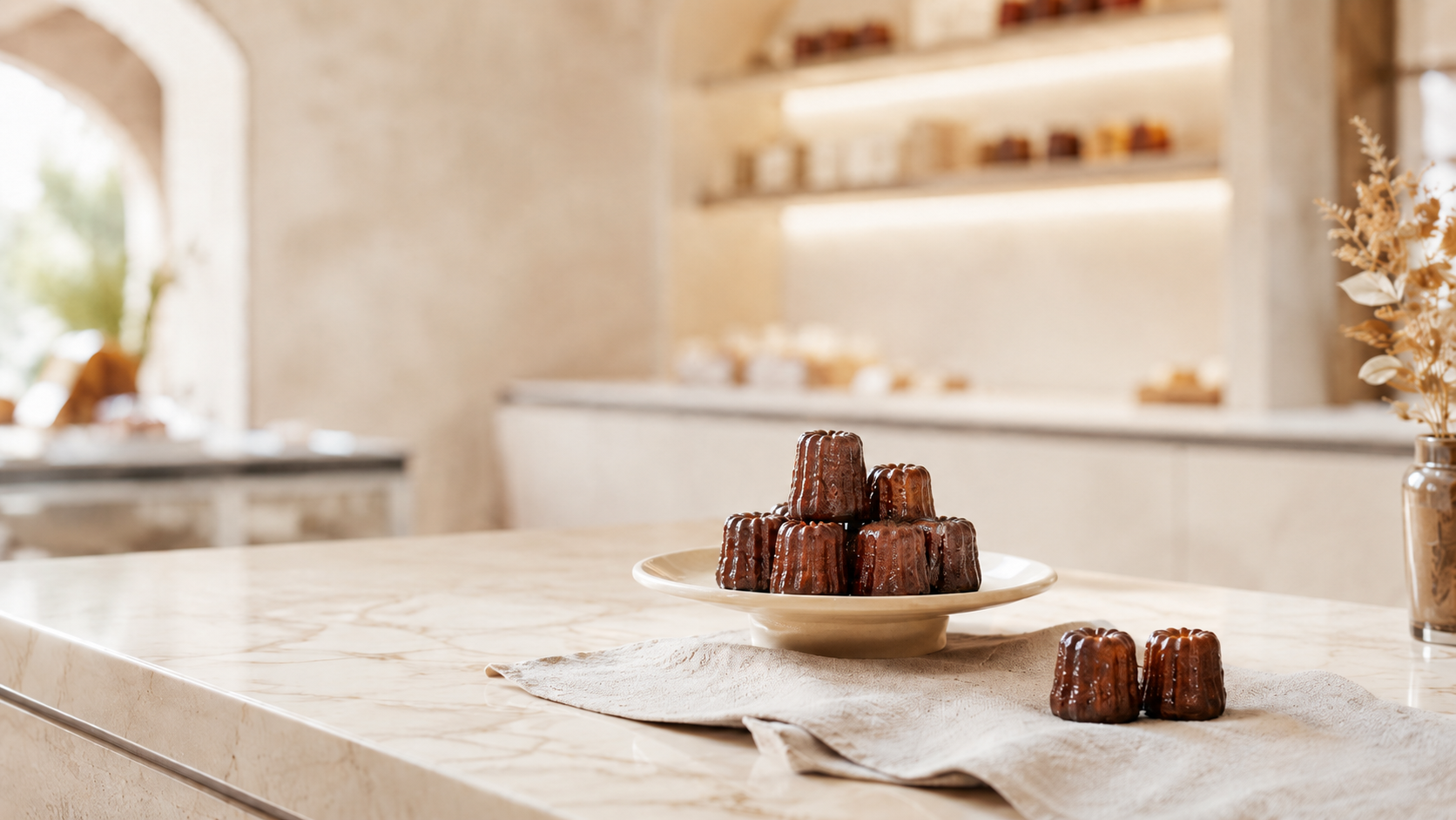 Gâteau au chocolat en forme de petits flans sur une assiette dans une cuisine moderne, avec une jarre à fleurs à côté.