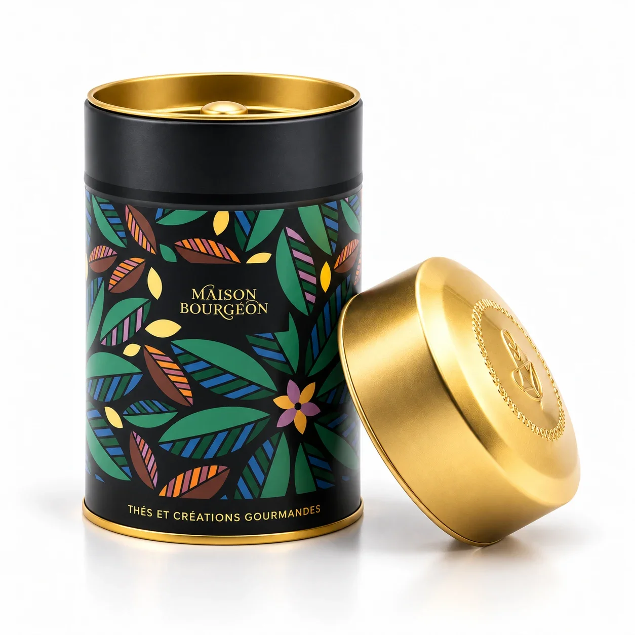 Petite boîte à thé décorative verte et dorée Maison Bourgeon, disponible chez Canelés Arrangés à Montpellier.