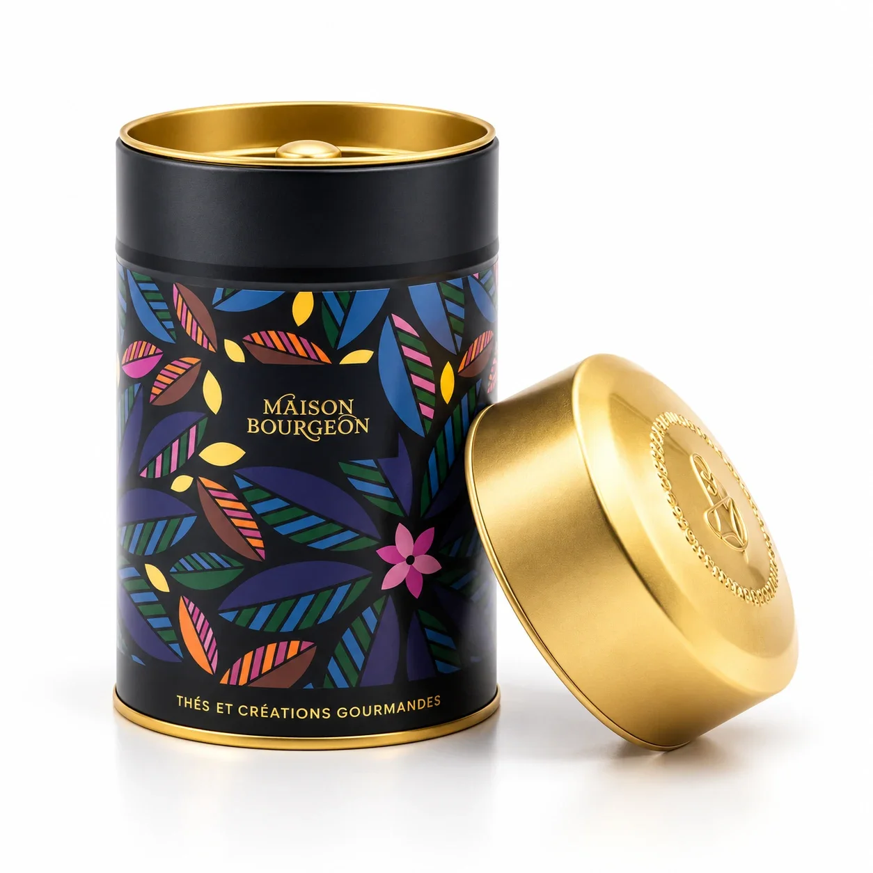 Petite boîte à thé décorative bleue, rose et dorée Maison Bourgeon, disponible chez Canelés Arrangés à Montpellier.