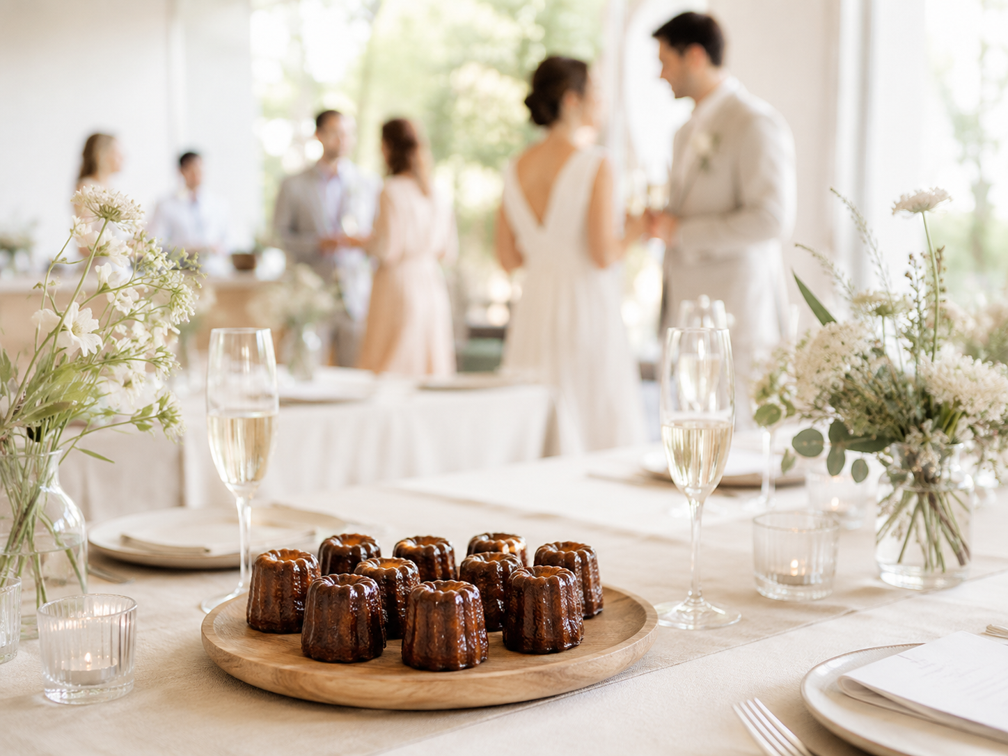 Gâteaux en forme de cheminée sur un plateau en bois, boissons dans des flûtes à champagne, décor floral sur une table lors d'un mariage élégant