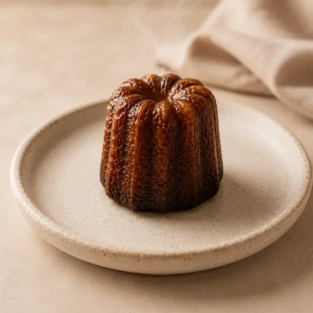 Canelé classique servi sur une assiette beige