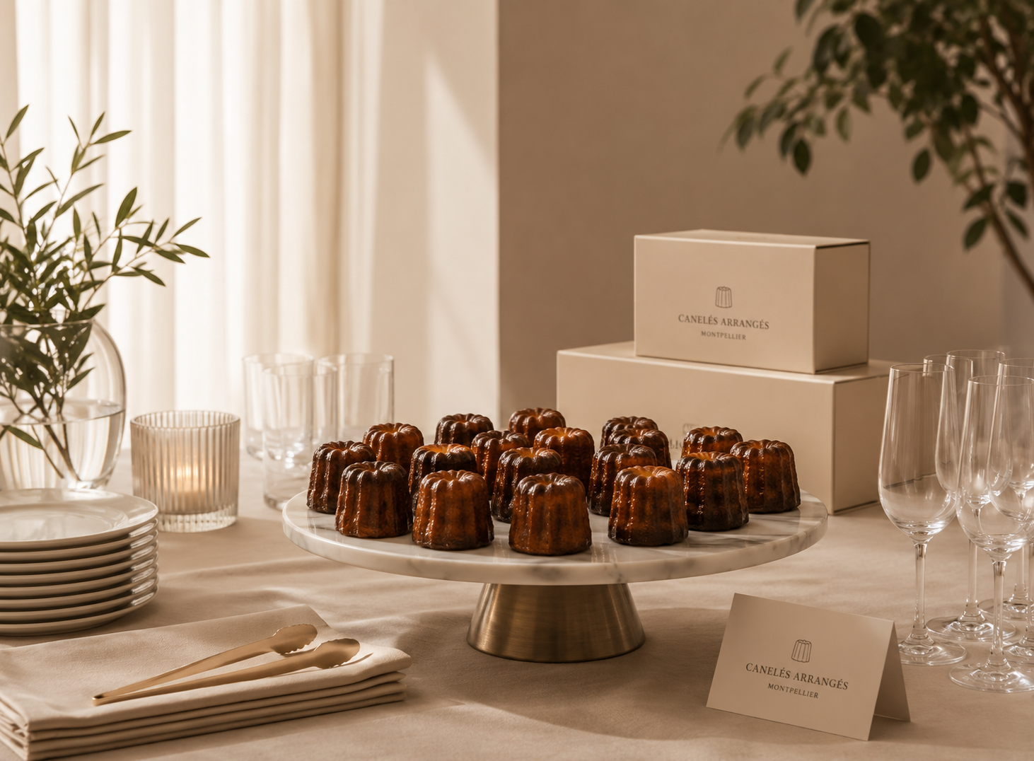 Gâteaux en forme de petits flans au caramel sur un présentoir rond en marbre avec des boîtes et des verres à côté sur une table, décorée avec des plantes vertes et des assiettes contenant des couverts.