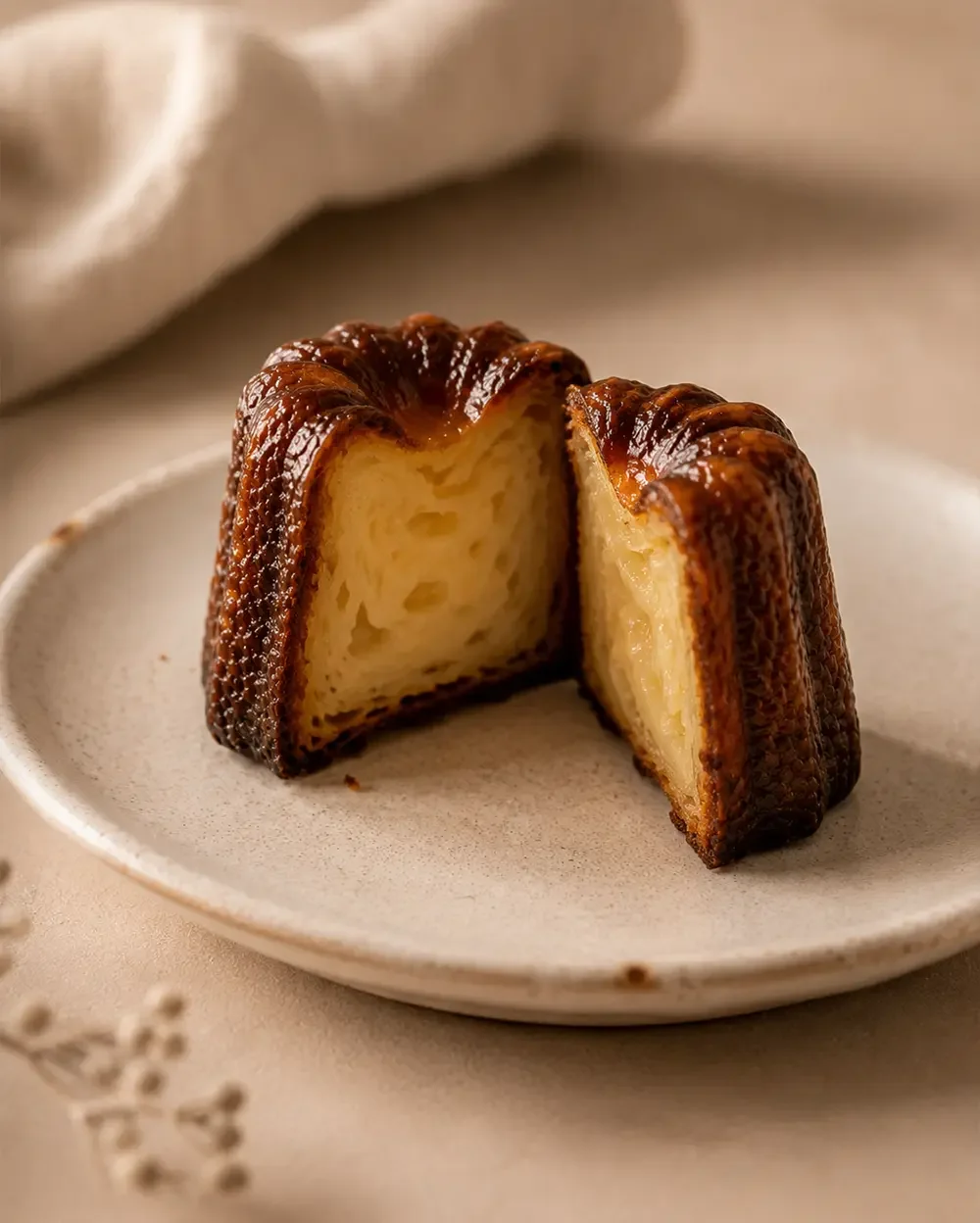 Canelé classique coupé en deux, cœur moelleux et croûte caramélisée