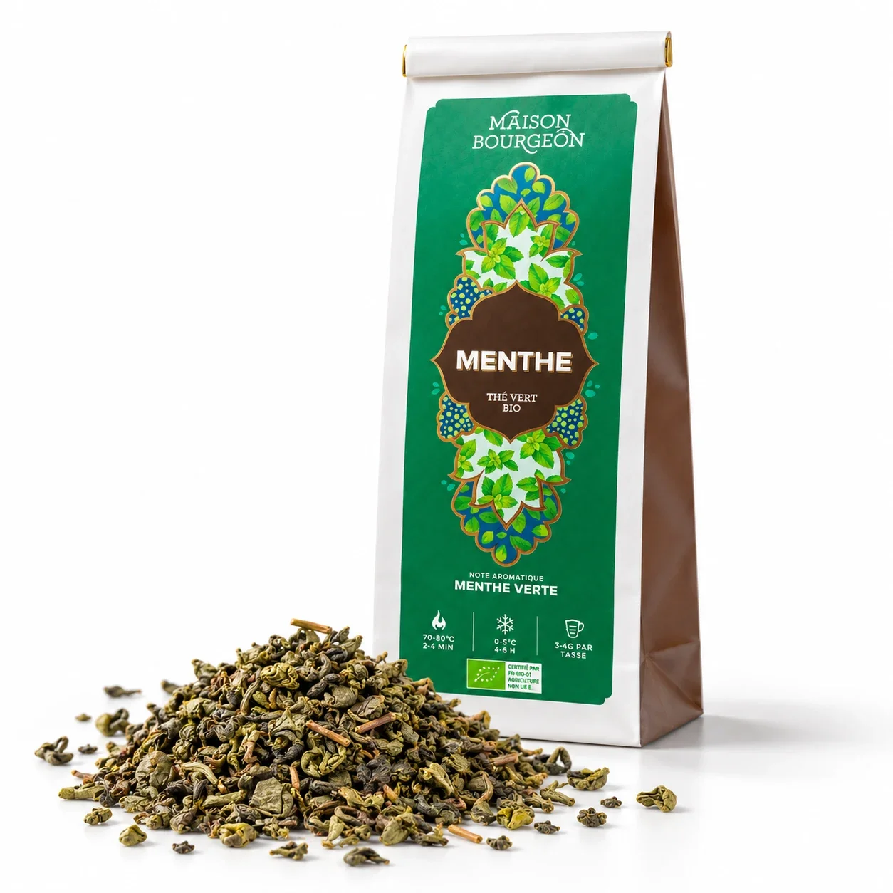 Thé à la menthe de Maison Bourgeon, disponible dans notre boutique Canelés Arrangés à Montpellier.