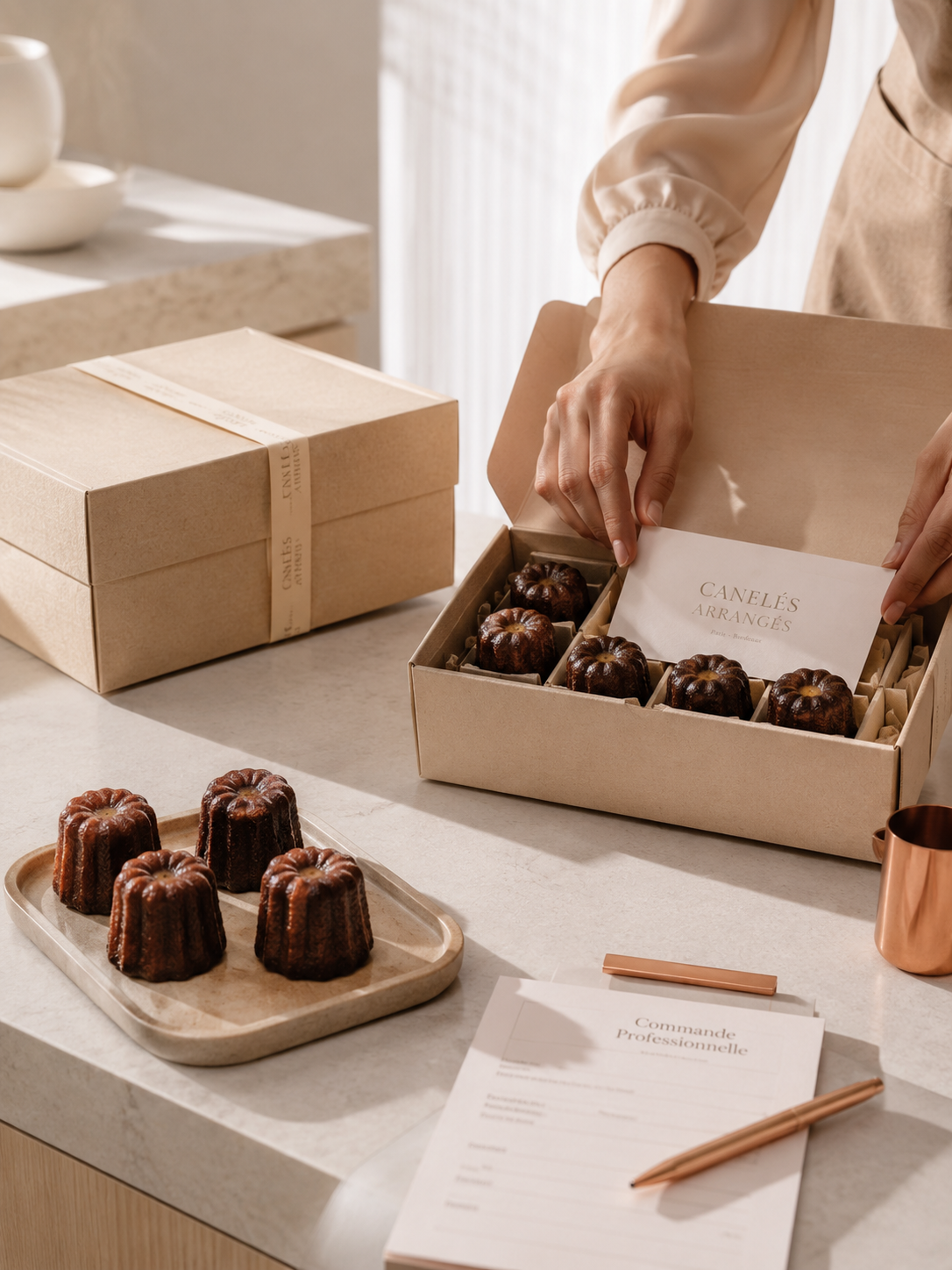Une personne emballant des canelés dans une boîte, avec d'autres canelés sur une assiette, dans une cuisine lumineuse.