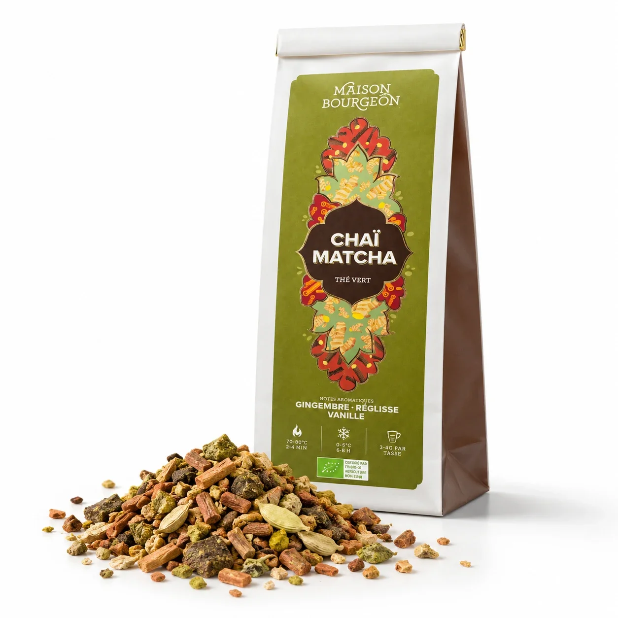 Chaï Matcha de Maison Bourgeon, un thé aux notes épicées proposé dans notre boutique à Montpellier.