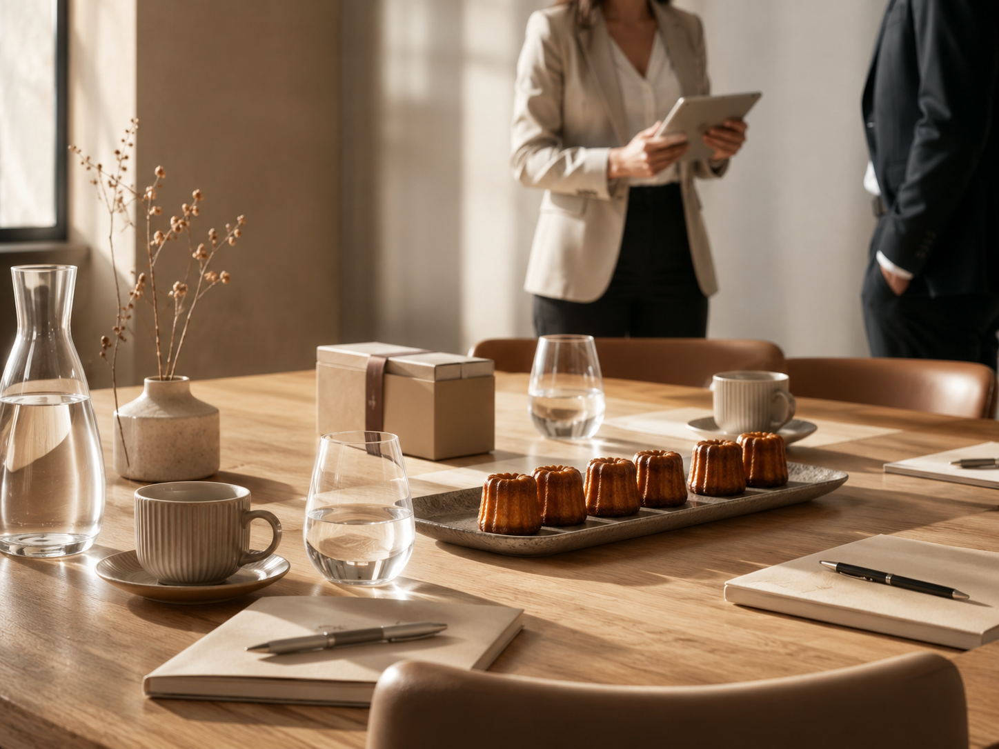 Une salle de réunion avec une table en bois, des verres d'eau, des tasses, une boîte cadeau, des assiettes avec des petits gâteaux, et de la décoration minimaliste. Deux personnes en vêtements professionnels discutent au fond.