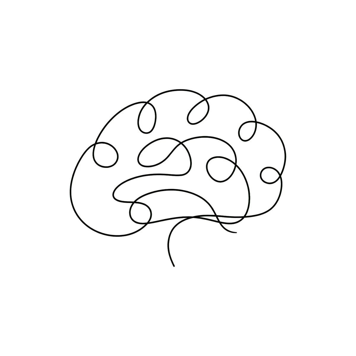 A line drawing of a human brain with abstract spiral and circular patterns inside the outline.