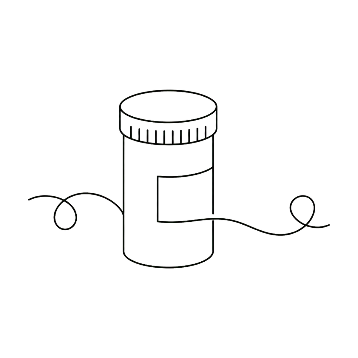 Line drawing of a prescription medicine bottle with a label, connected to a cord or string.