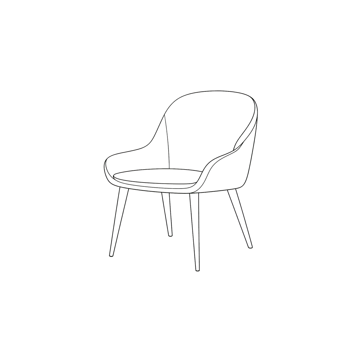 Outline drawing of a modern upholstered armchair with curved backrest and four angled legs.