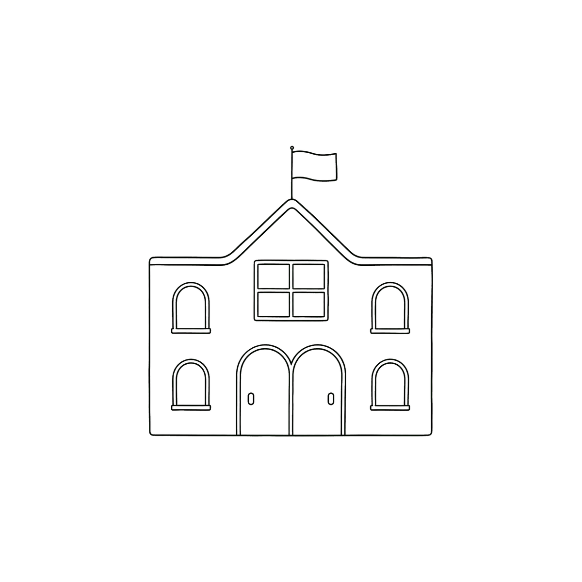 Outline drawing of a school building with a flag on top, arched doors, and windows.