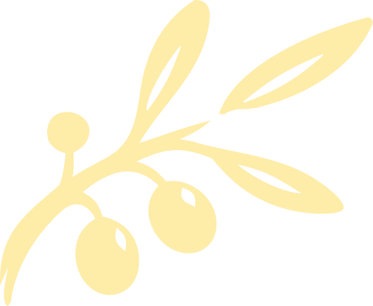 Illustration of an olive branch with three olives and elongated leaves.