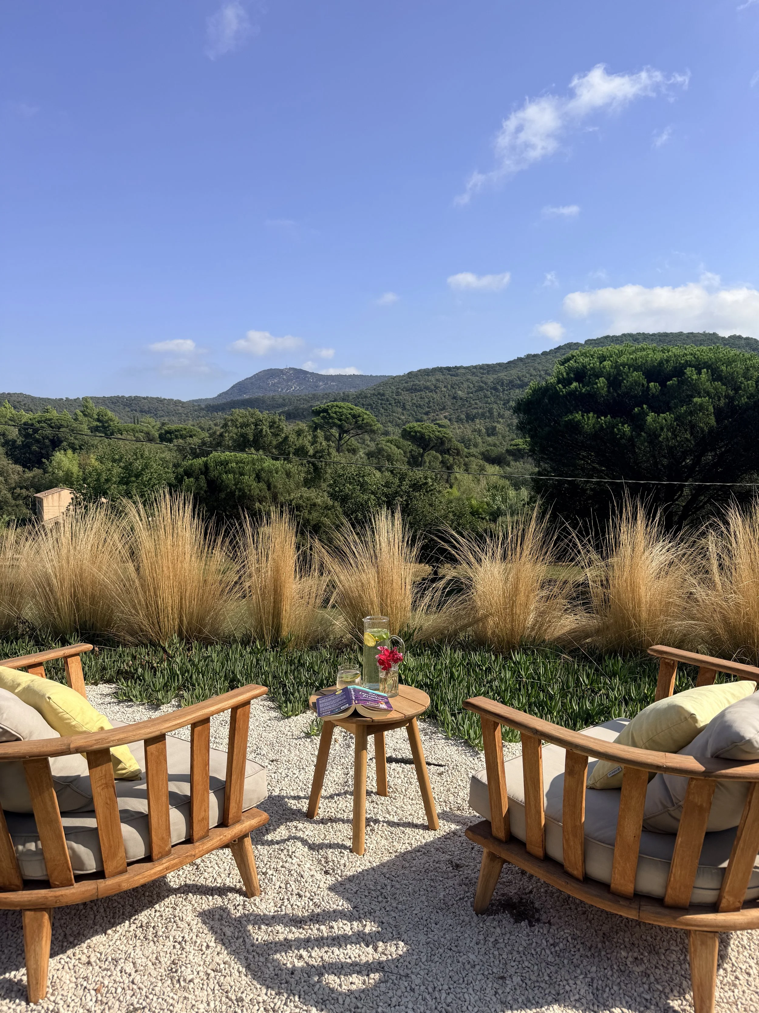 Outdoor patio with wooden lounge chairs and cushions, small table with a flower vase and magazines, overlooking green hills and trees under a blue sky with a few white clouds.