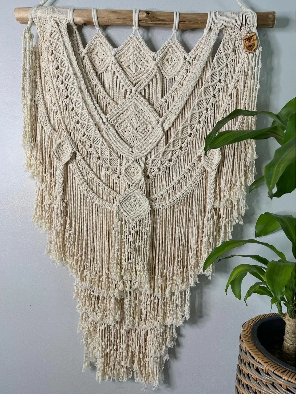 Beige macramé wall hanging with intricate patterns and fringes, hanging from a wooden rod, with a potted plant partially visible on the right side.