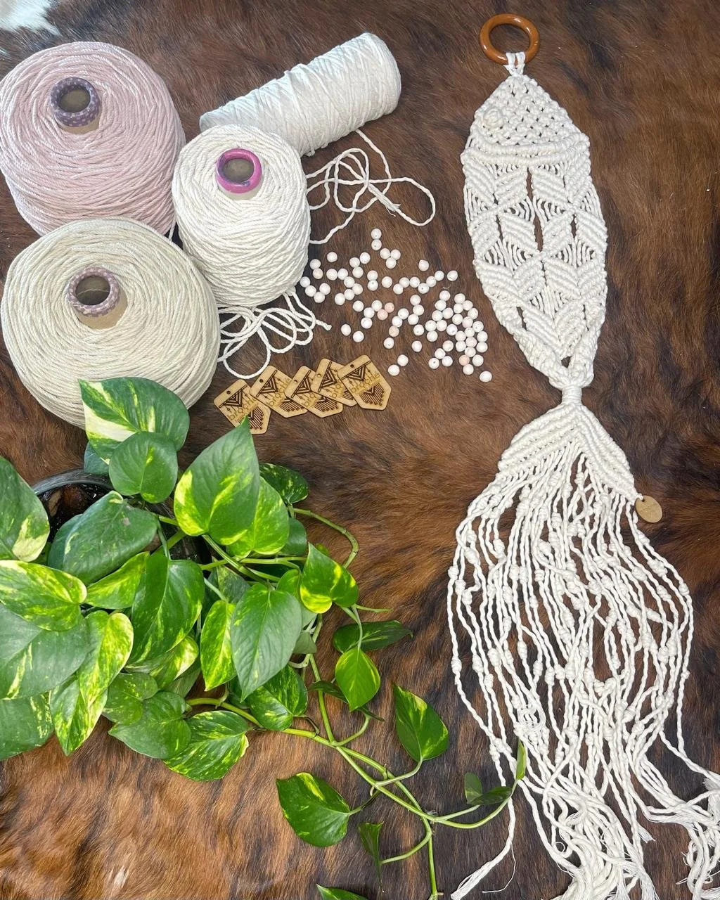 Macramé wall hanging, three skeins of yarn, small white beads, wooden knitting markers, and a potted pothos plant on a fur surface.