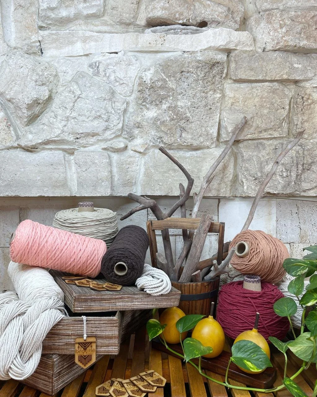 A collection of yarn spools in pink, black, beige, and red, a wooden basket filled with driftwood, and a potted plant with green leaves on a wooden surface against a stone wall background.