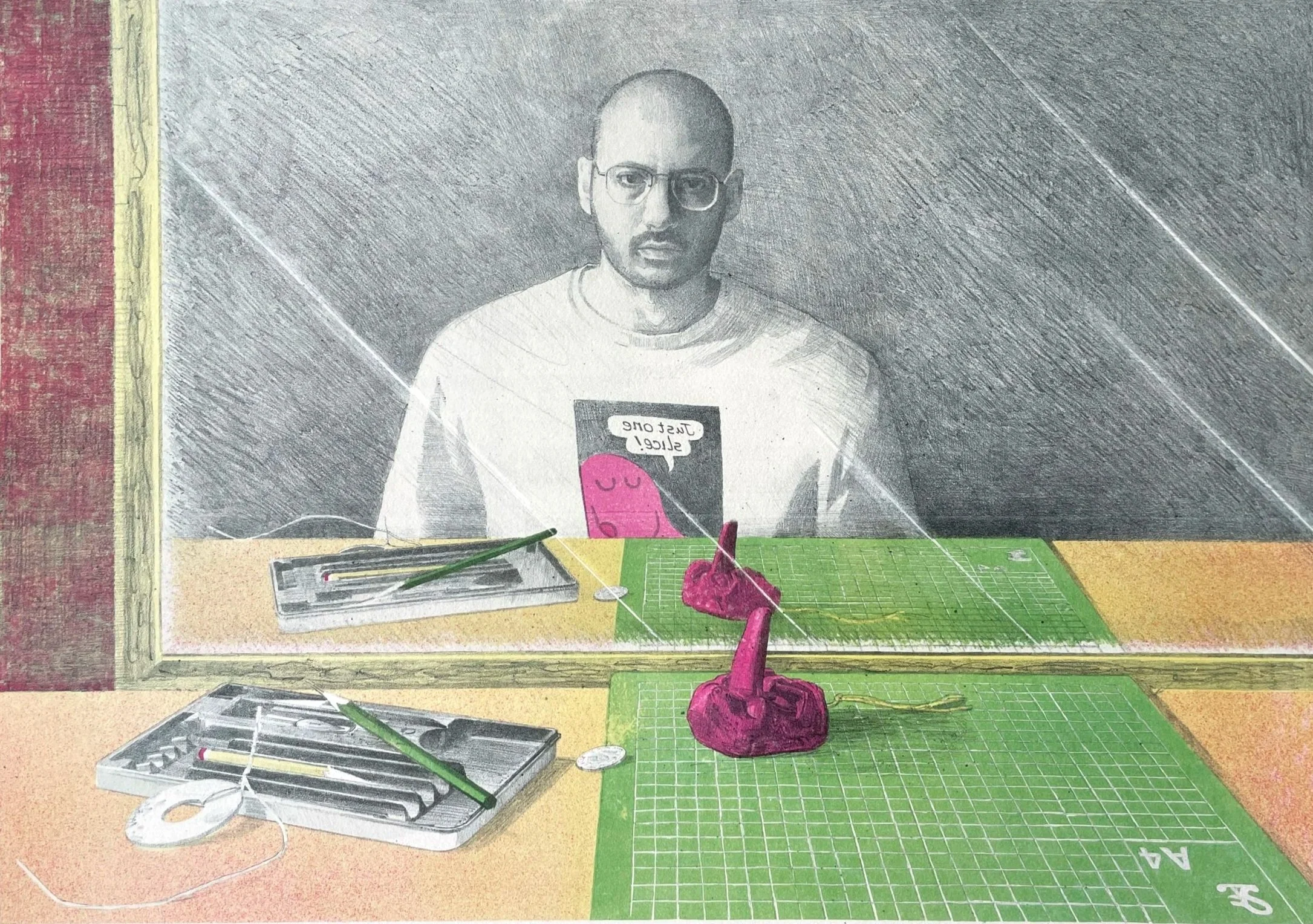 𝘚𝘦𝘭𝘧-𝘱𝘰𝘳𝘵𝘳𝘢𝘪𝘵 𝘸𝘪𝘵𝘩 𝘔𝘳 𝘎𝘳𝘦𝘦𝘥𝘺, stone lithography on paper, 53 × 60 cm