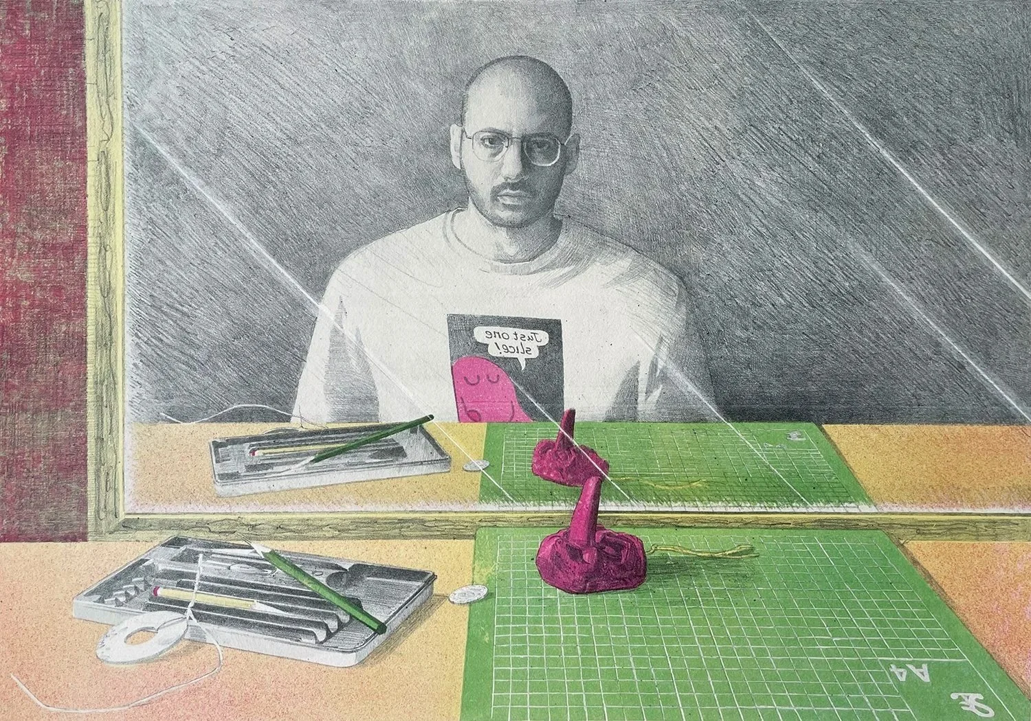 𝘚𝘦𝘭𝘧-𝘱𝘰𝘳𝘵𝘳𝘢𝘪𝘵 𝘸𝘪𝘵𝘩 𝘔𝘳 𝘎𝘳𝘦𝘦𝘥𝘺, stone lithography on paper, 53 × 60 cm