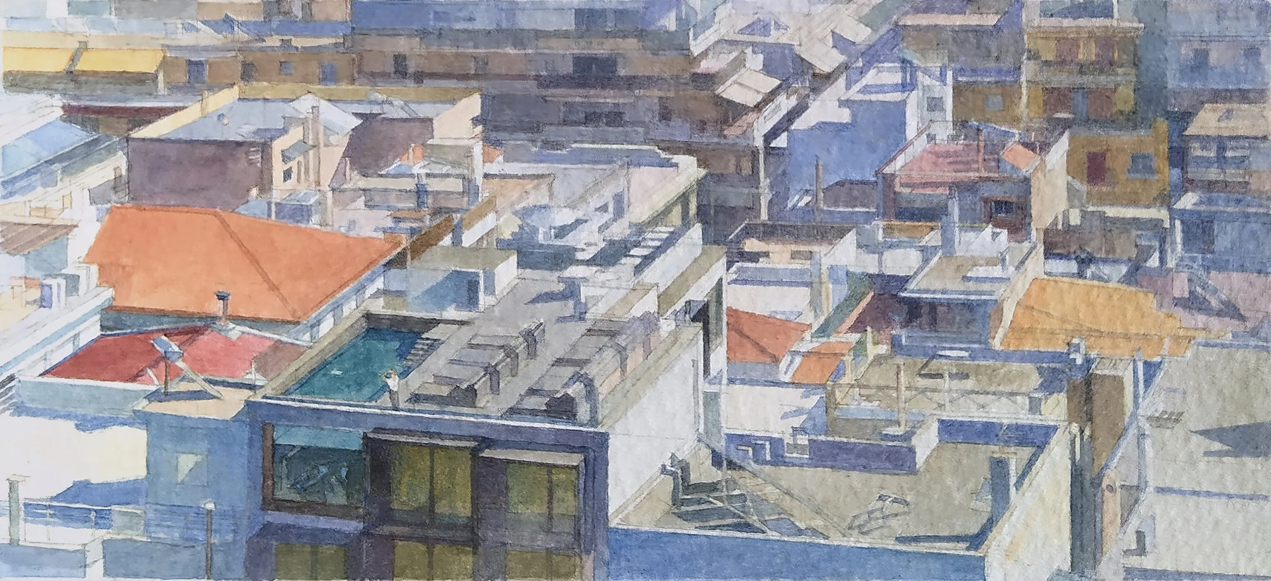 𝘈𝘵𝘩𝘦𝘯𝘴 𝘙𝘰𝘰𝘧𝘵𝘰𝘱𝘴, watercolour on paper, 8 × 18 cm
