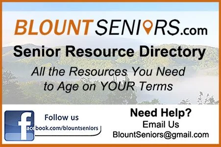 A promotional graphic for BlountSeniors.com featuring a senior resource directory with contact information, a Facebook link, and a scenic background.