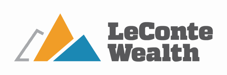 LeConte Wealth logo with stylized mountain design in gray, orange, blue, and yellow colors.