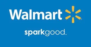 Walmart logo with blue background, white text, and yellow spark symbol, along with the slogan 'spark good.'