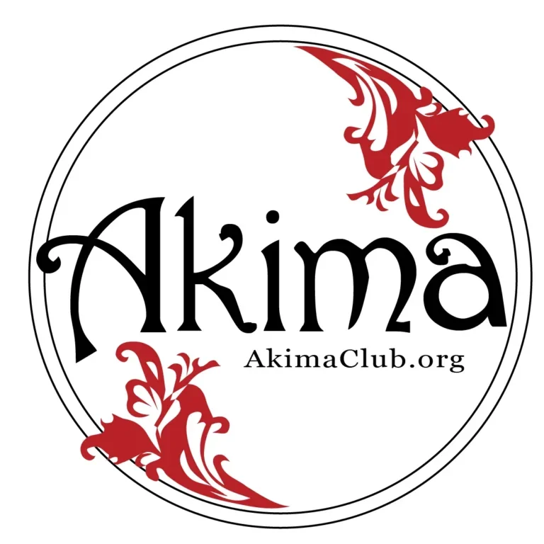 Logo for Akima Club featuring black text 'Akima' with red decorative elements and the website AkimaClub.org.