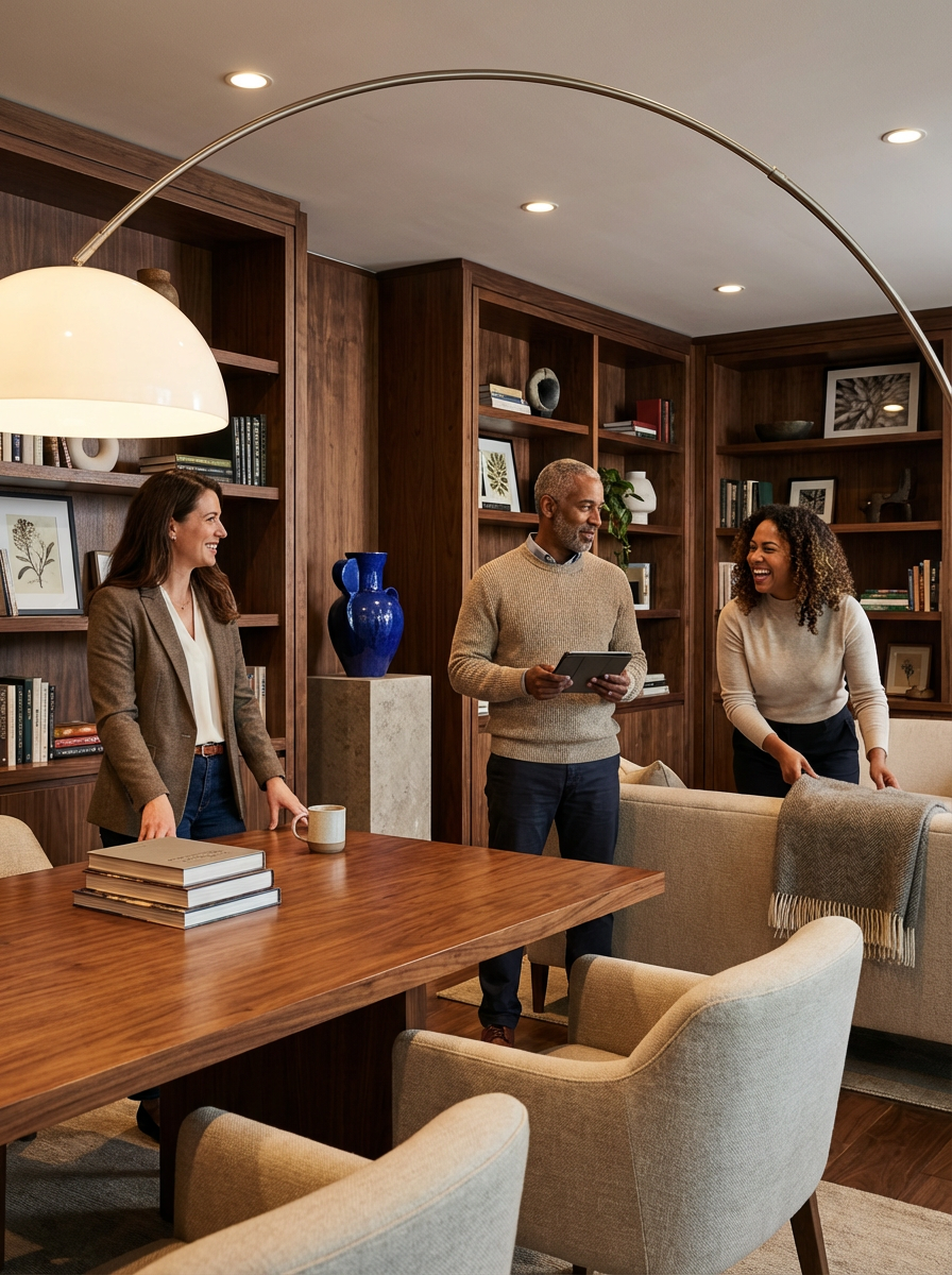 Three people in a wood-paneled room smiling and talking, with bookshelves, a wooden table, and armchairs.
