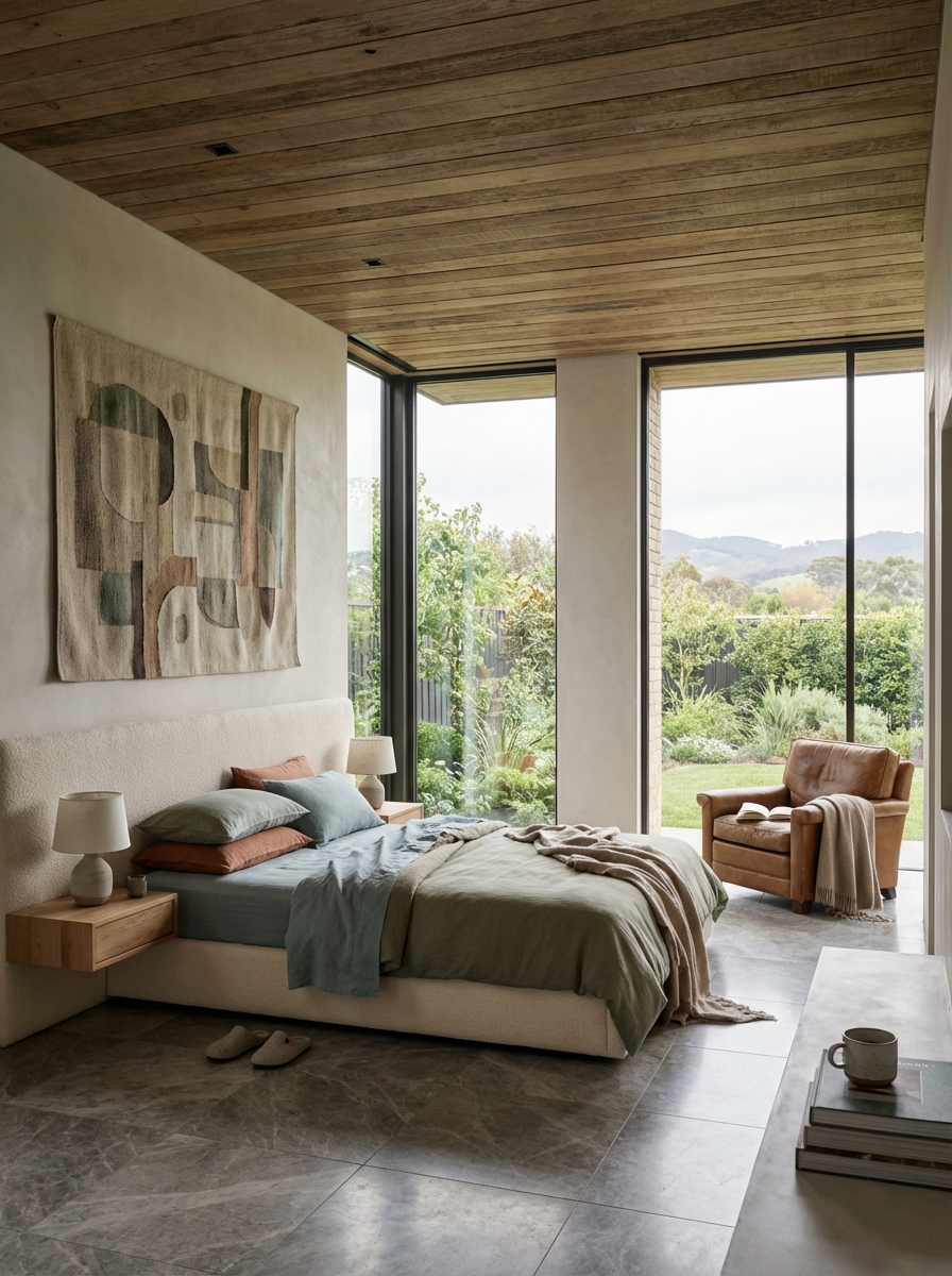 A bedroom with large floor-to-ceiling windows, a bed with pillows and a blanket, two nightstands with lamps, a beige armchair with an open book and blanket, a painting on the wall, and a garden view outside.