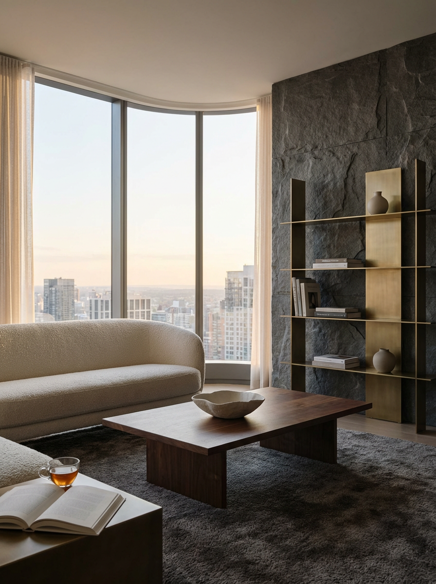 Modern living room with large corner window, beige sofa, wooden coffee table, open book and glass of tea, dark textured wall with gold shelving units, decorative vases and books, gray rug.