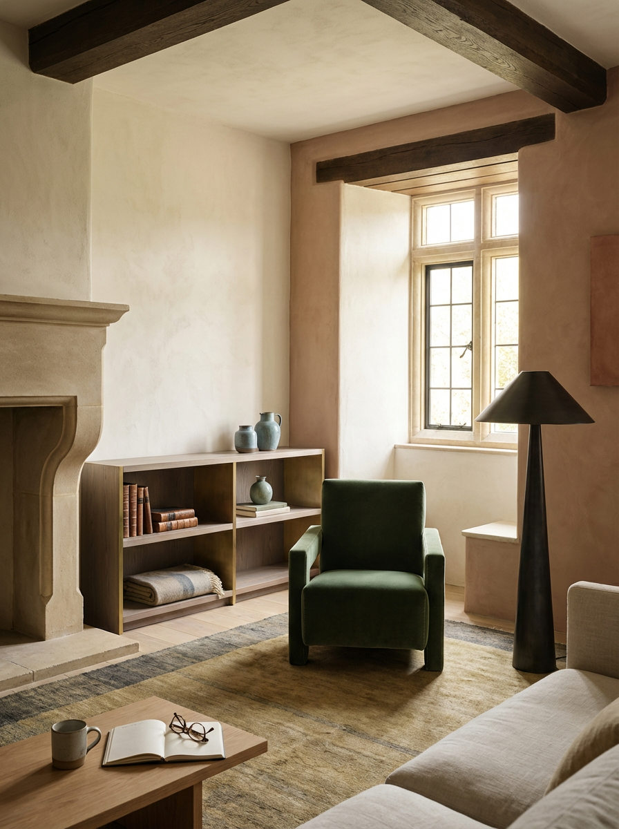 Cozy living room with beige walls, wooden beam ceiling, a green armchair near a window, a black floor lamp, a wooden bookshelf with books and decorative vases, a beige sofa with a wooden coffee table, a cup, an open book, and glasses.