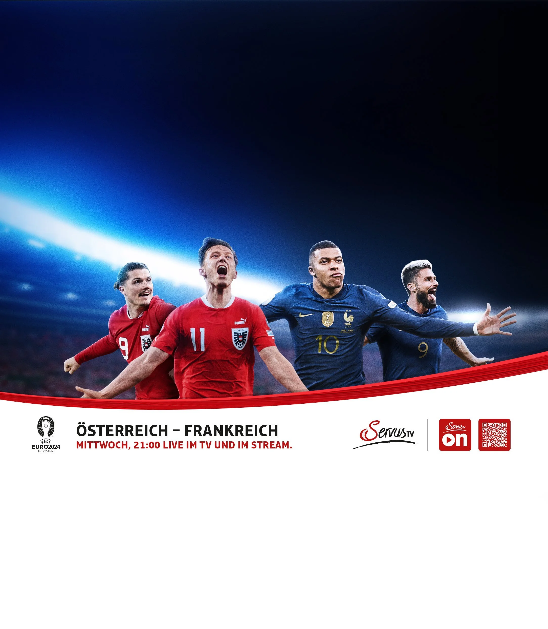 Jubelnde Nationalspieler Österreichs und Frankreichs im Stadion, ServusTV UEFA EURO 2024 Kampagne – Composing von Bildergut.