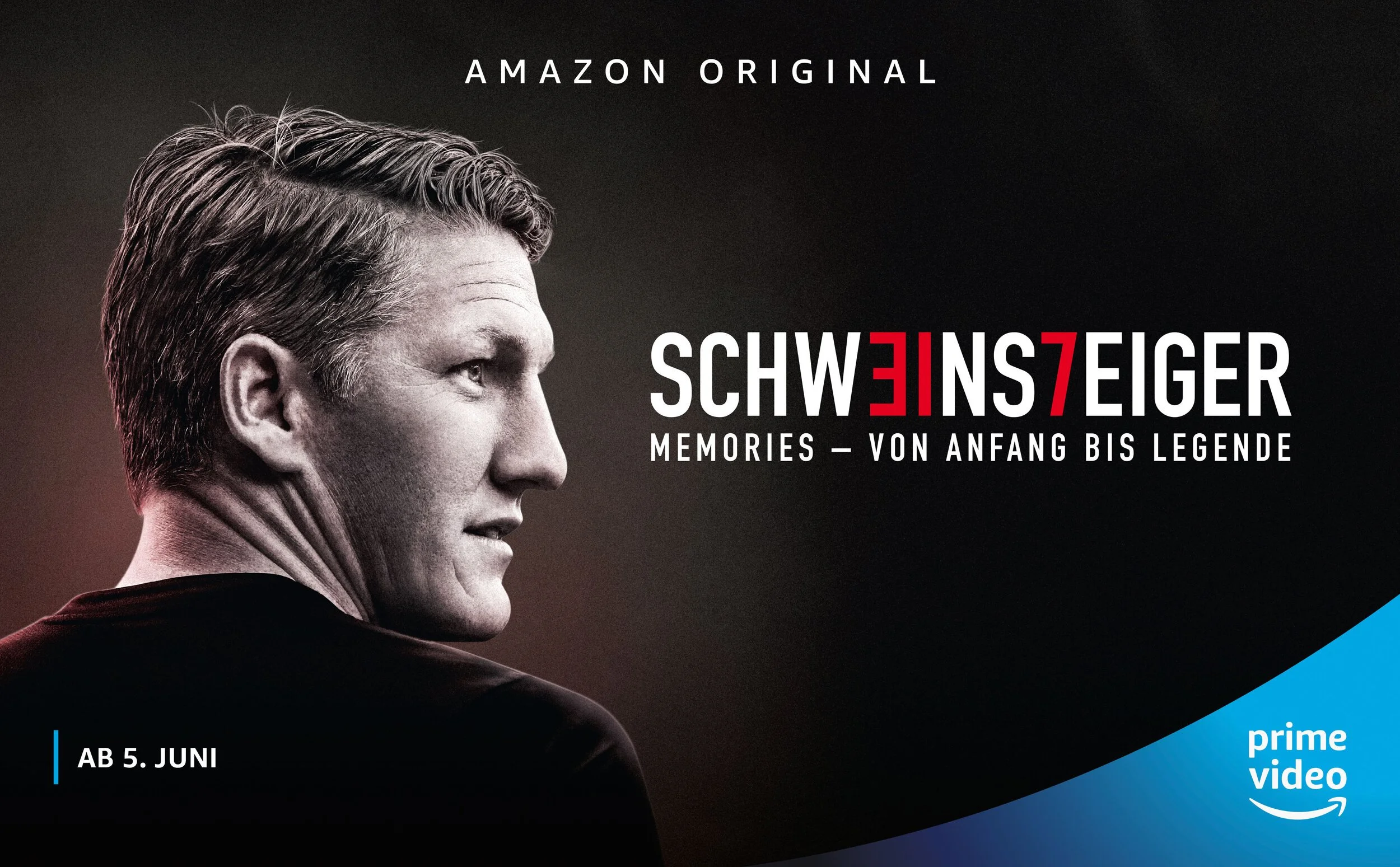 Schweinsteiger im Profil in Schwarz-Weiß, Key Art zur Amazon-Original-Doku „Memories“ – Composing Bildergut.