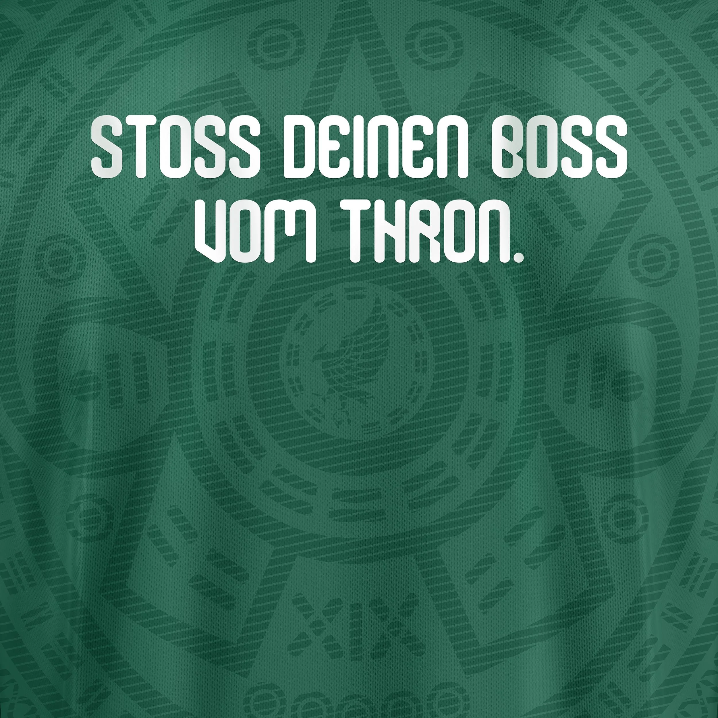 20 Minuten WM-Tippspiel: Gruenes Mexiko-Trikot mit Azteken-Jacquardmuster, weisse Flockschrift "Stoss deinen Boss vom Thron."
