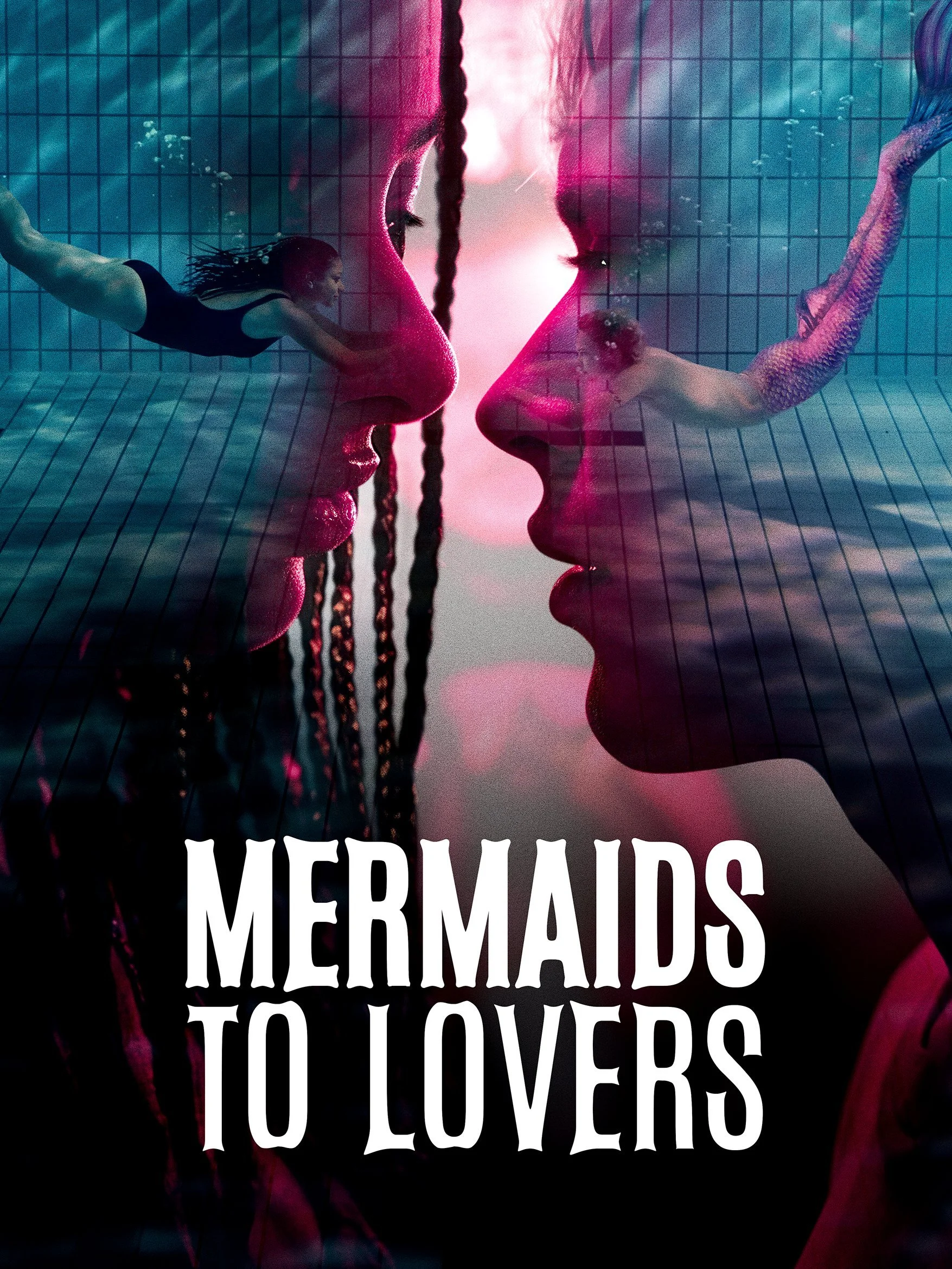 Zwei Gesichter im Profil unter Wasser mit Meerjungfrauen im Pool, RTL+ Mermaids to Lovers – Composing von Bildergut.