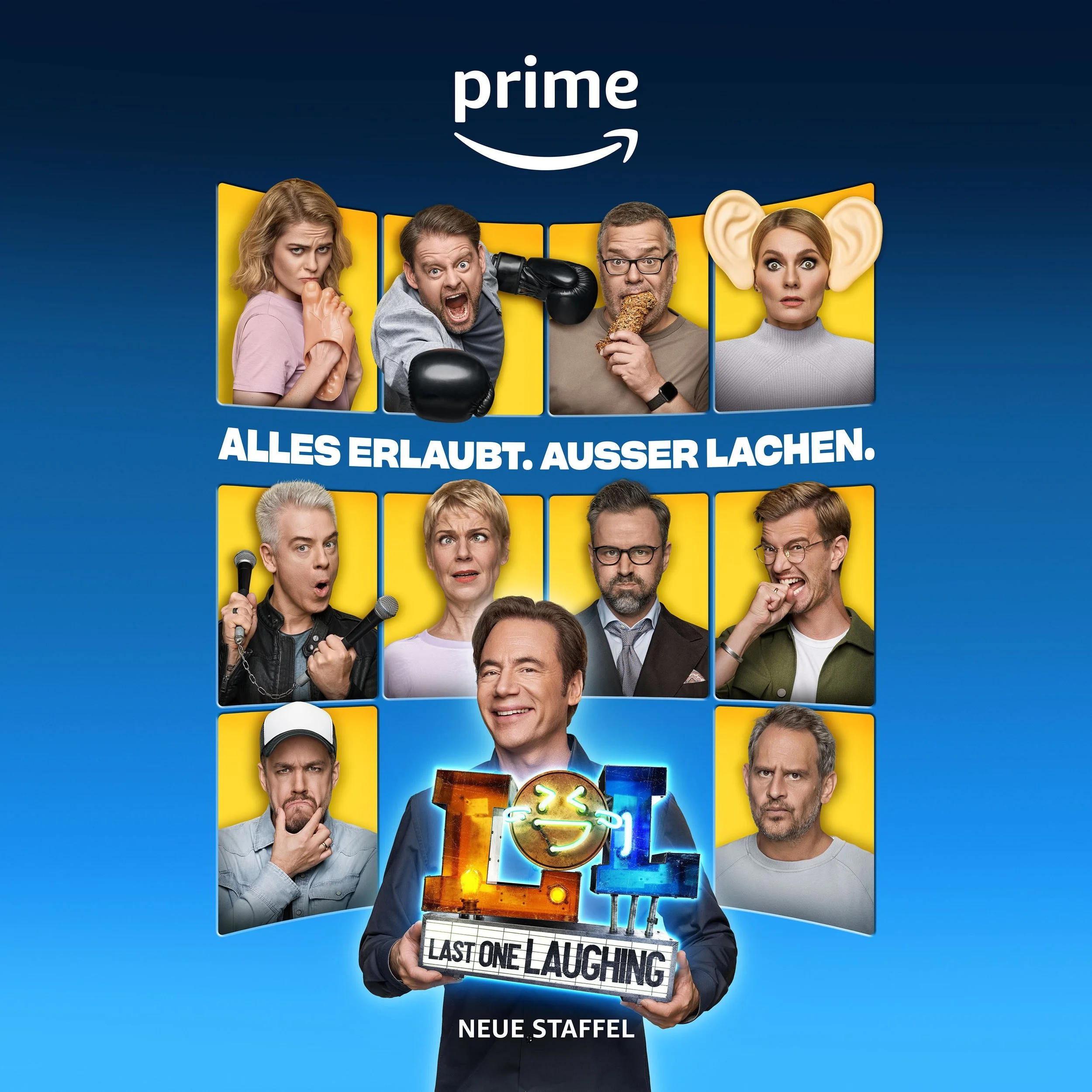 Comedians in Kachel-Rastern mit schrägen Gags, Bully im Zentrum, Amazon Prime LOL Last One Laughing Vol. 4 – Retusche Bildergut.