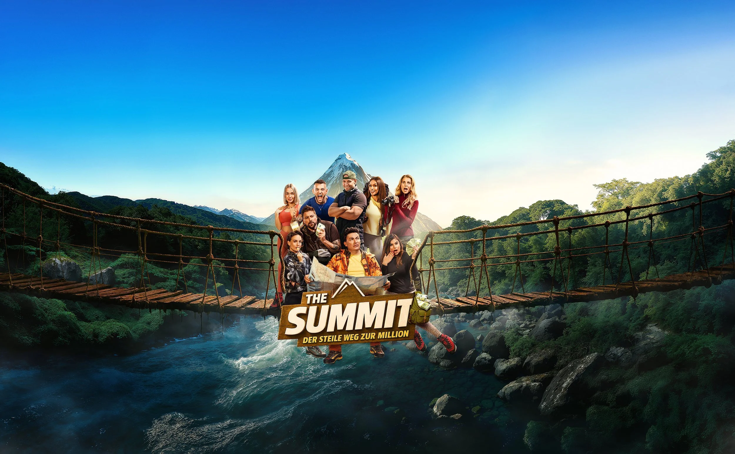 Key-Visual The Summit mit Cast auf Hängebrücke über Fluss und Bergkulisse für Amazon Prime – Composing Bildergut.