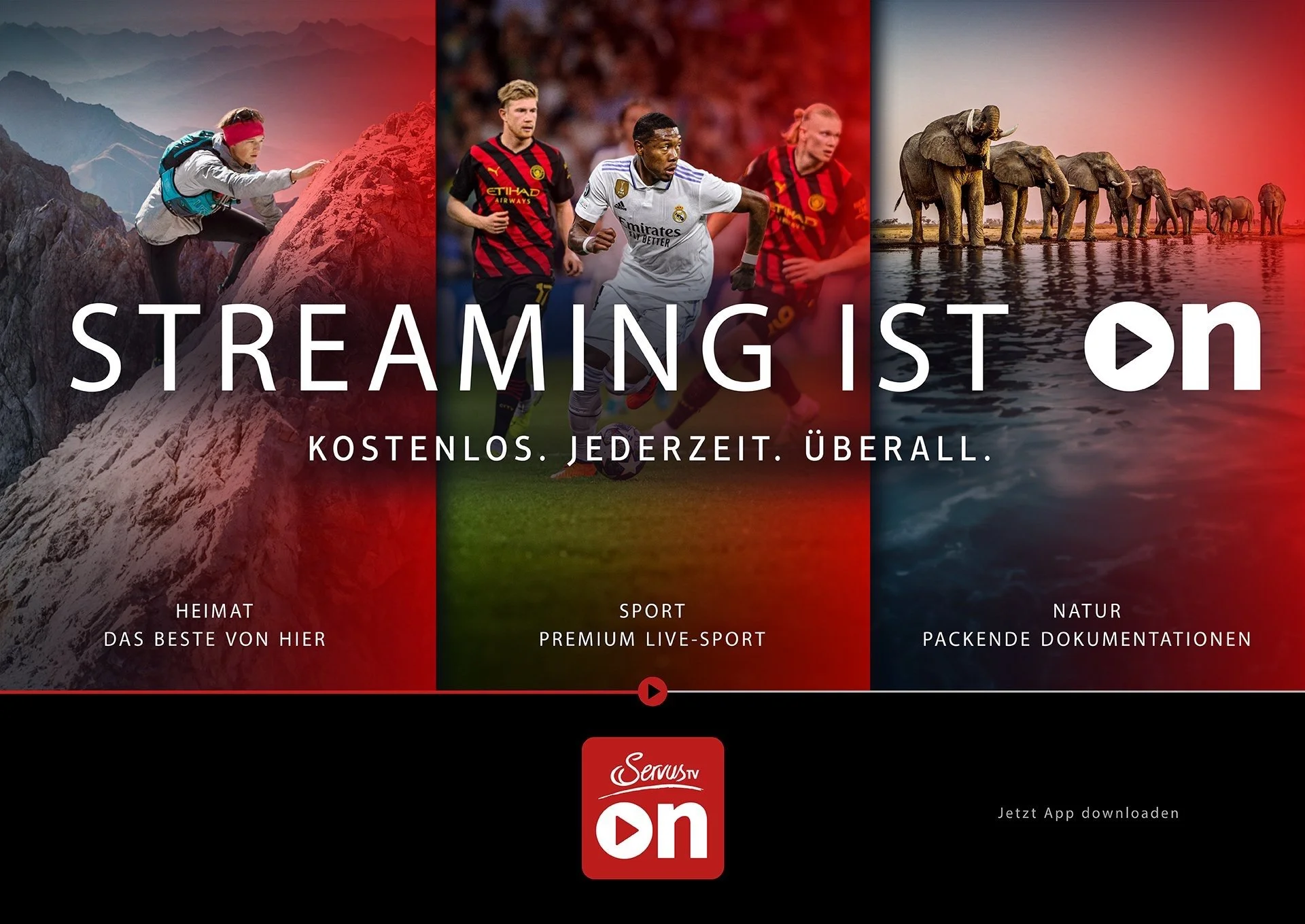 Dreiteiliges Motiv aus Bergsport, Fußball und Elefanten in Rot, ServusTV On Streaming ist On – Composing von Bildergut.