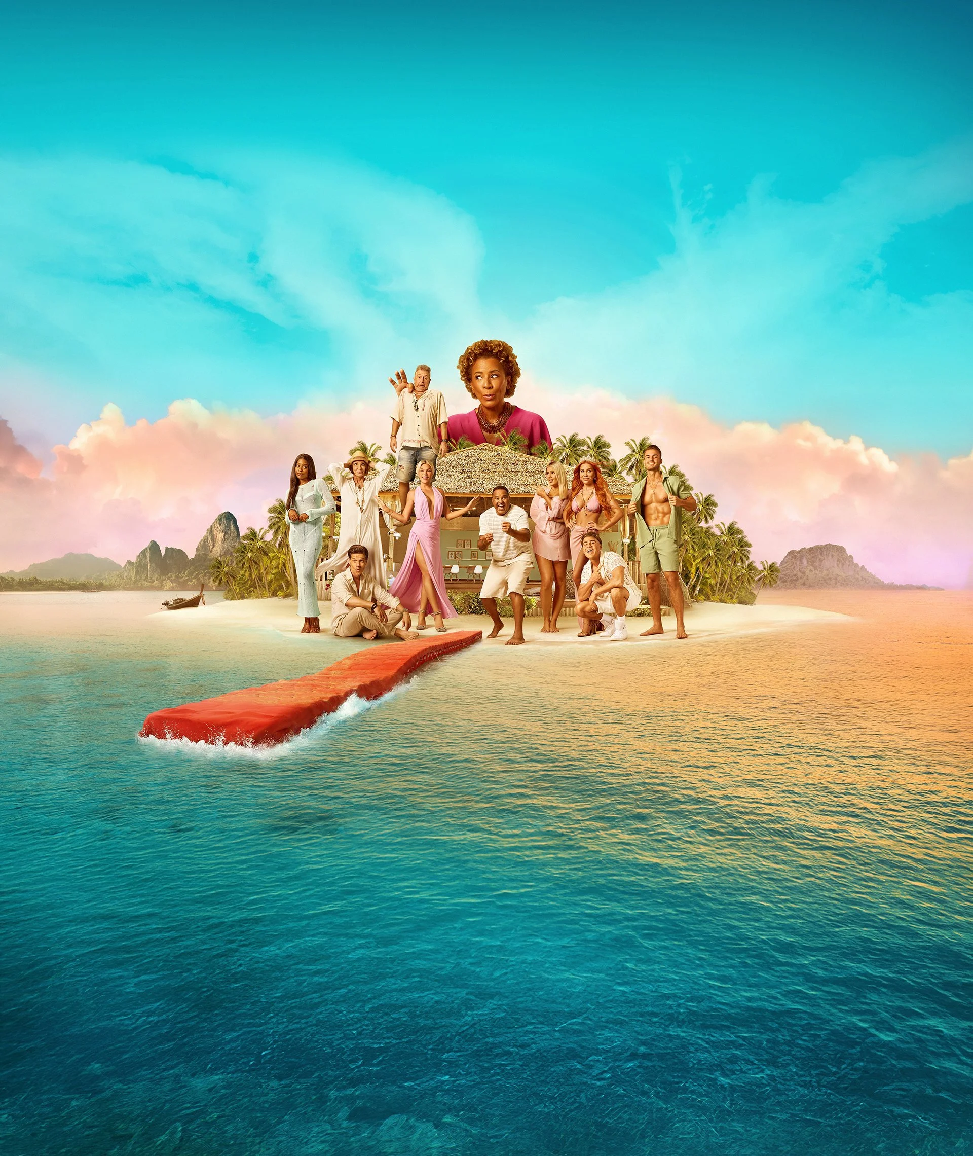 Realitystars in Weiß auf tropischer Insel bei Sonnenuntergang, RTLZWEI Kampf der Realitystars – Composing von Bildergut.