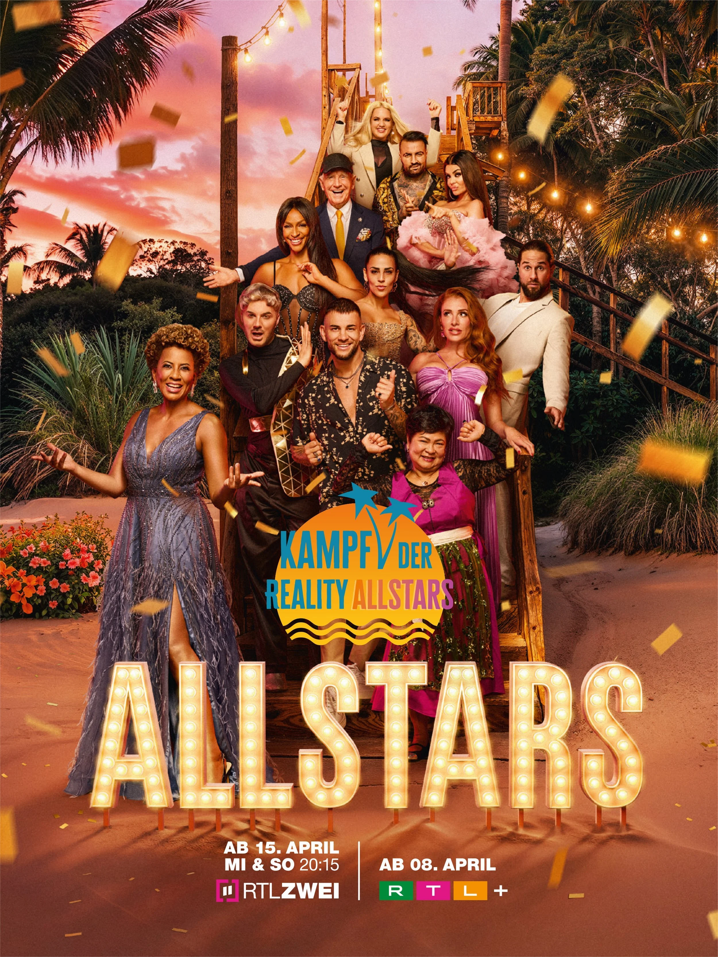 Key-Visual Kampf der Realitystars Allstars mit Cast auf Strandtreppe und Konfetti für RTLZWEI – Composing Bildergut.