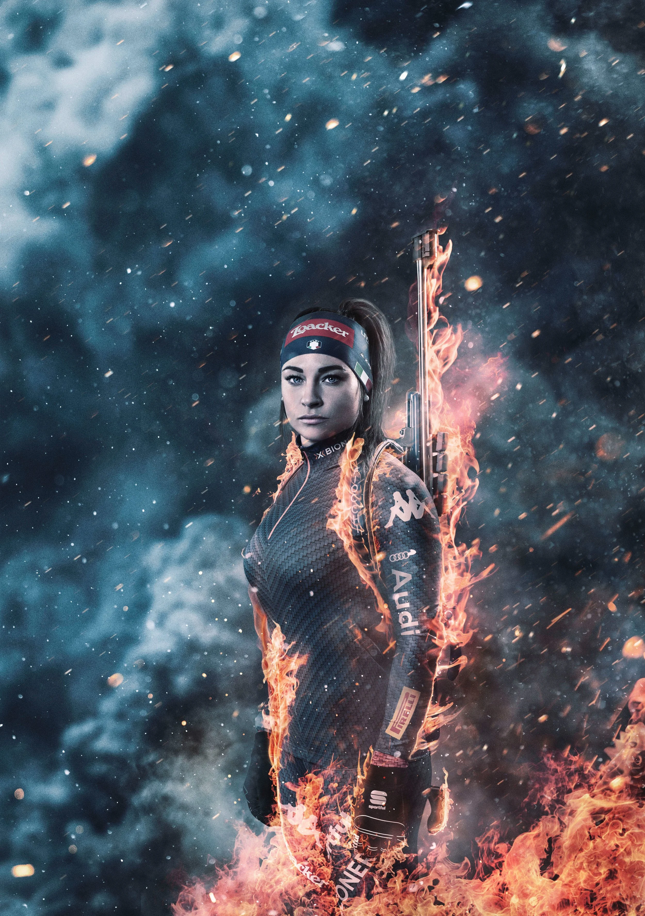 Biathletin mit Gewehr zwischen Feuer und Eis, dramatisches Composing Ice and Fire für Rizzoli Cucine – Retusche Bildergut.